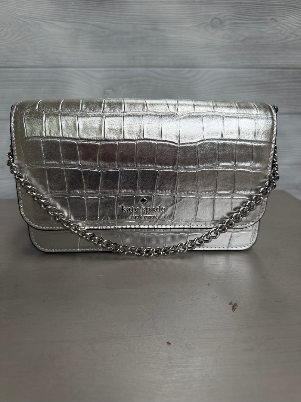 kate spade Metallic Silver Croc-Embossed Chain Crossbody Bag